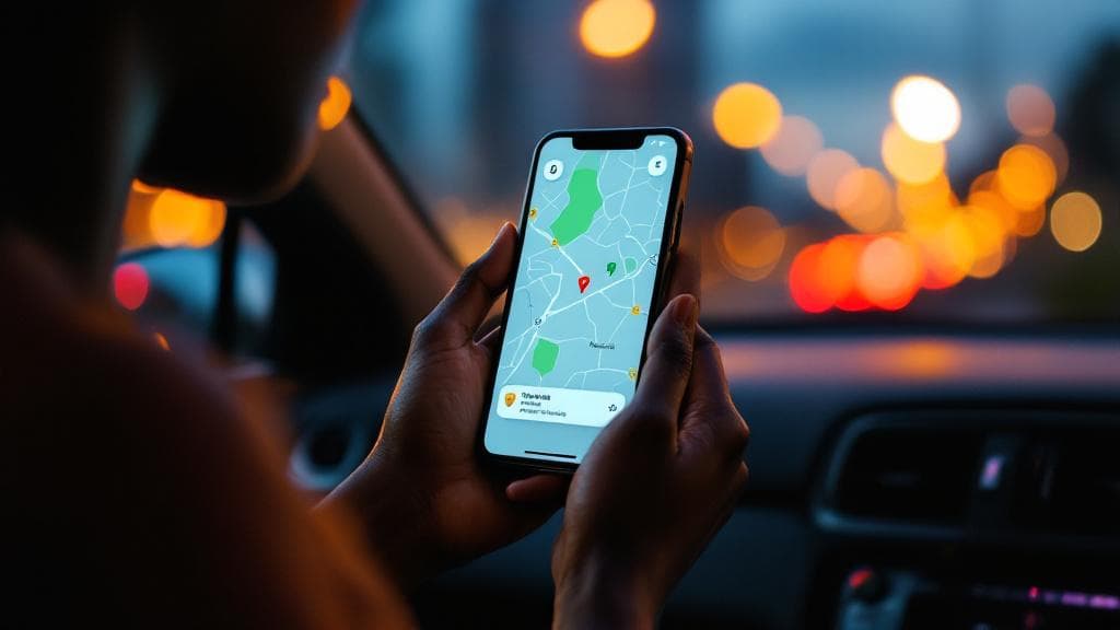 A phone showing a live trip inside a car