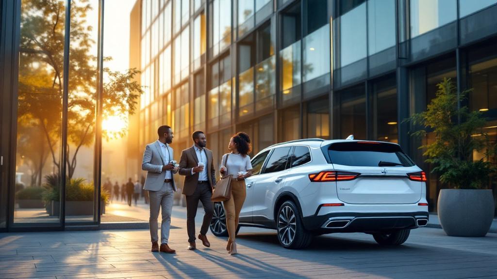Employees walking to a Workryde car at the office
